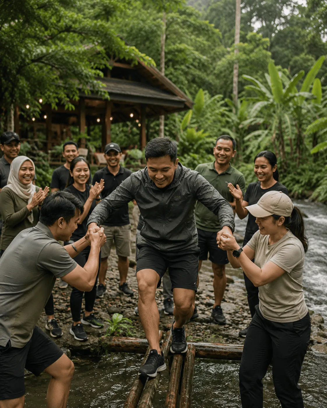 Team building dan kebersamaan group di area riverside