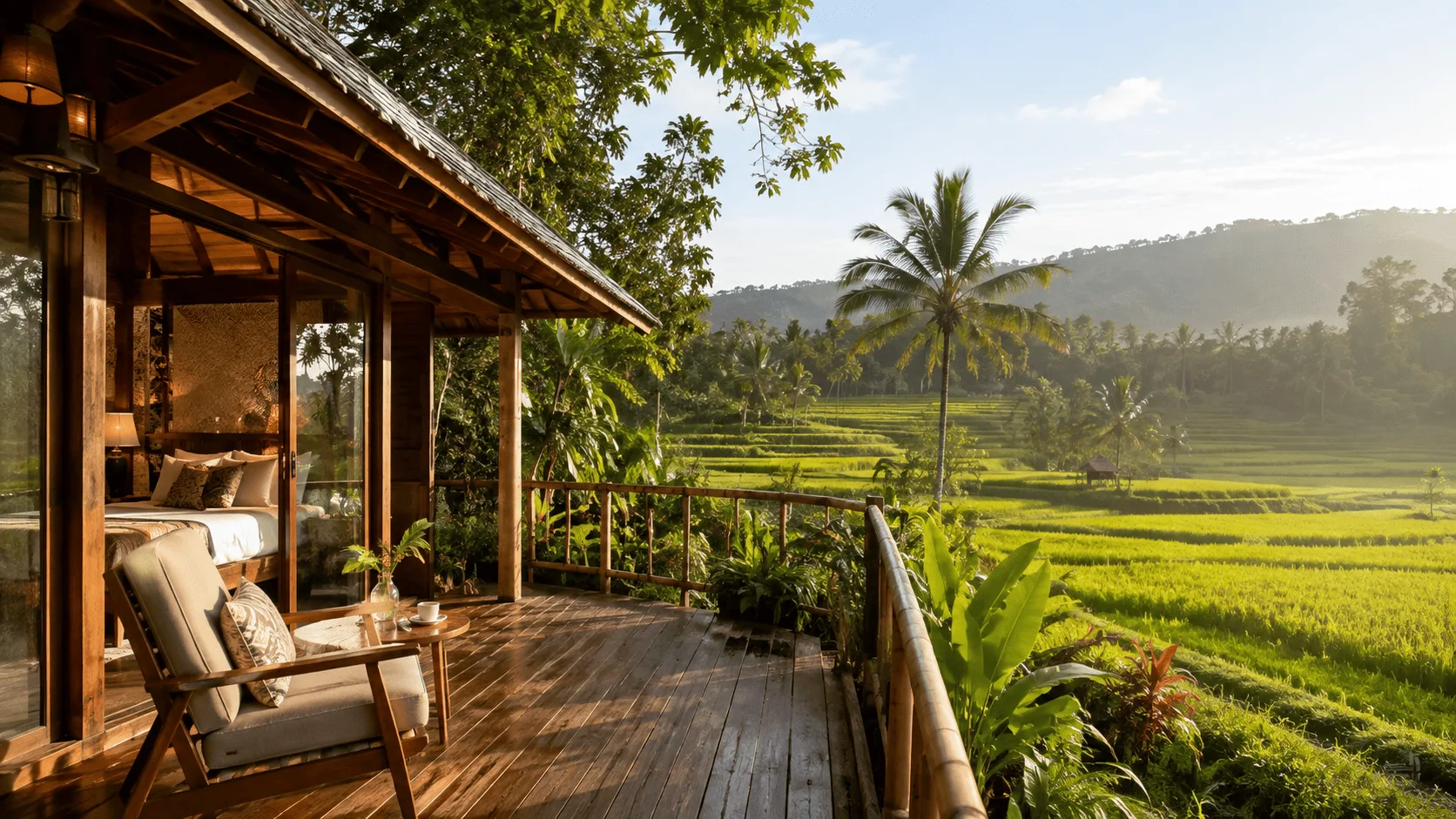 Bungalow B dengan balkon kayu dan suasana tenang