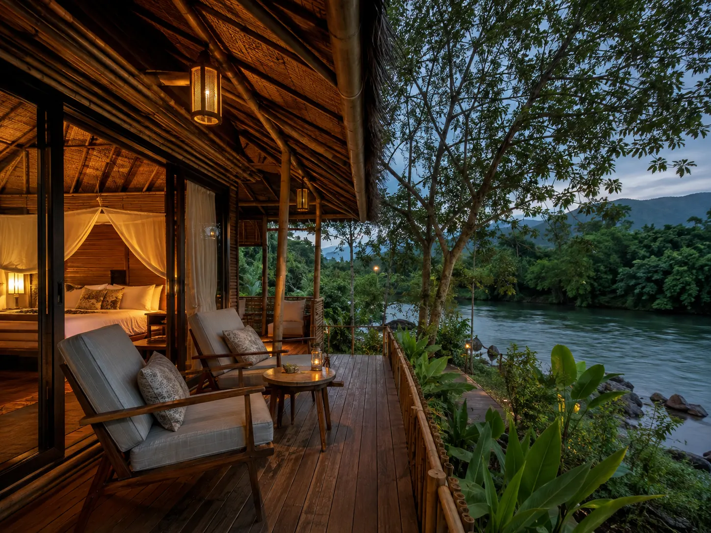 Bungalow kayu premium di tepi sungai dengan suasana hangat
