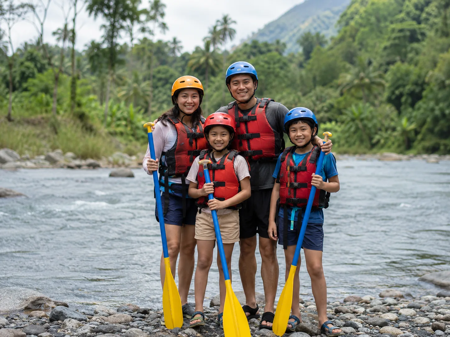Keluarga menikmati pengalaman rafting yang ramah keluarga