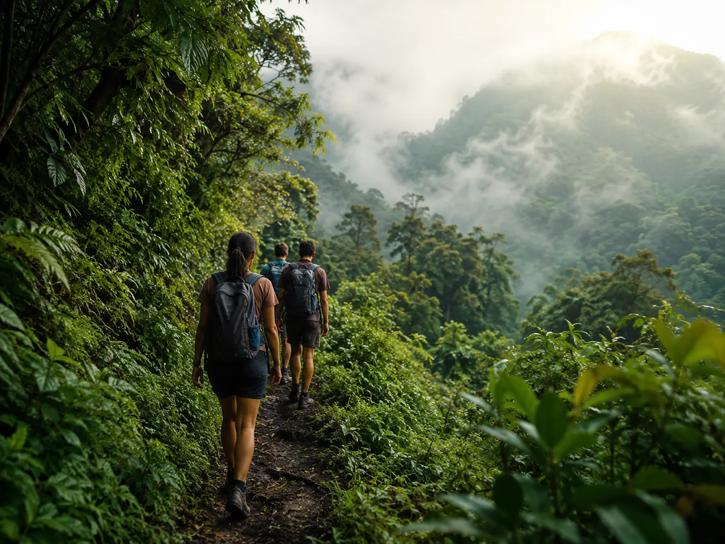 Trekking melalui jalur hutan tropis berkabut