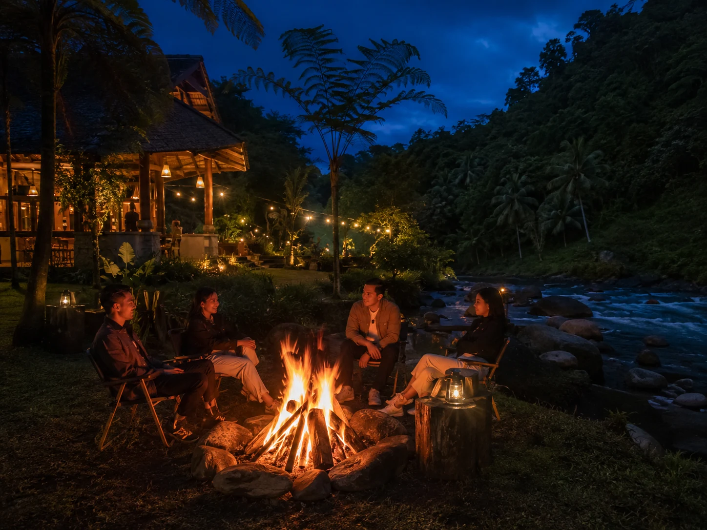 Camp fire malam hari di area riverside lodge